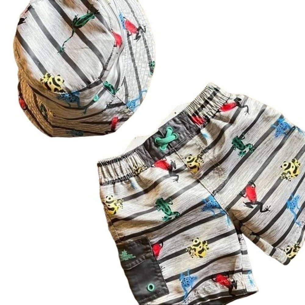 U Skinz Swim Trunks Hat Set Matching Grey Stripes Tropical Frogs Toddler Size 3T